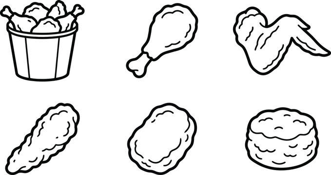 Set of fried chicken and fast food icons featuring drumsticks wings nuggets and a biscuit in a minimalist line art style