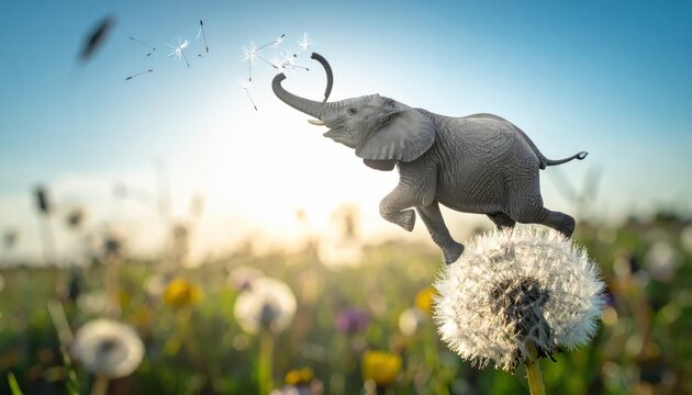 An improbable elephant gracefully balancing on a single delicate dandelion flower in a sunlit meadow