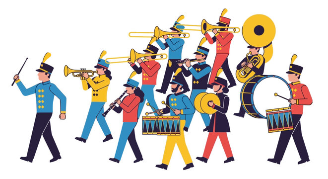Marching Band Musicians Group Playing Musical Instruments