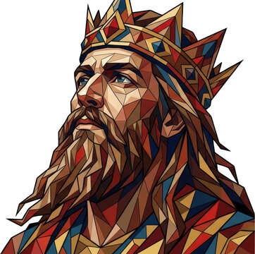Stylized portrait of a king with a geometric crown and long beard depicted with angular planes and a vibrant color palette looking upwards royalty abstract polygonal male