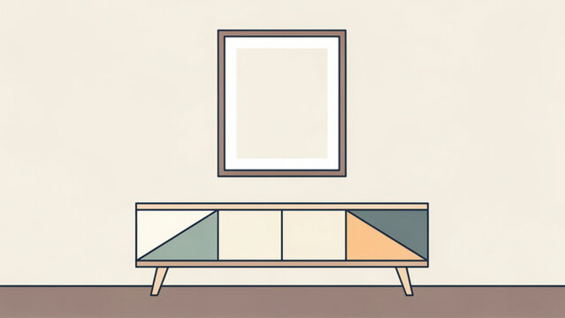 Minimalist modern sideboard with geometric color blocks and large empty picture frame on beige wall
