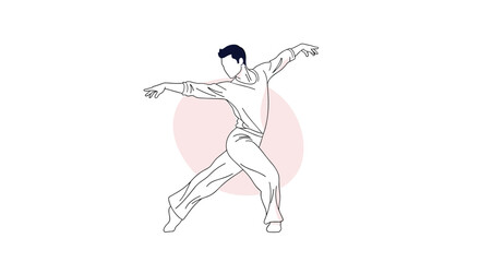 Fototapeta premium Contemporary male dancer performing an expressive pose with fluid movements against a soft pink abstract circle background.