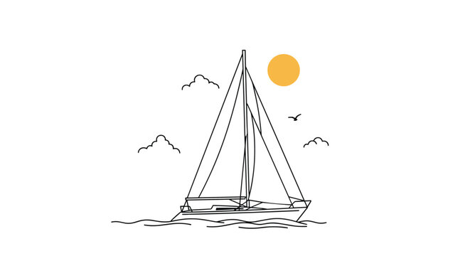 Sailing boat cruising on calm waves under a bright sun with clouds and a bird in a simple minimalist line art style.
