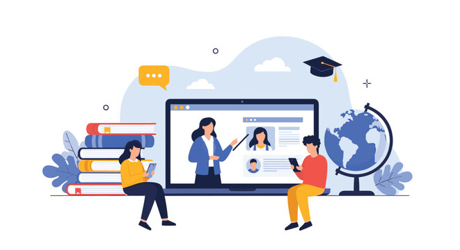 Online education concept shows students learning from a teacher on a laptop screen with books and a globe to represent remote studying.