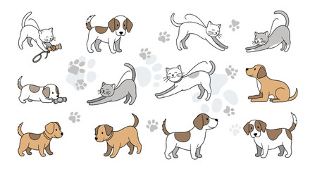 Obraz premium Large collection of cute cartoon cats and dogs in various poses like playing, stretching, and sitting are shown with paw prints.