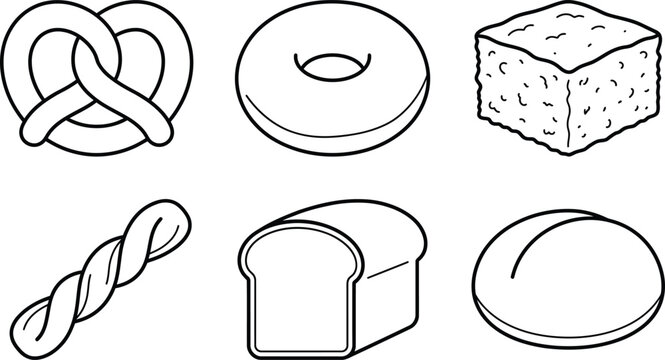 Outline vector icon set featuring various baked goods like pretzel bagel and bread ideal for bakery menus food-related apps or cooking illustrations isolated on white