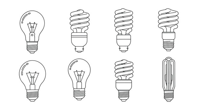 Collection of various light bulb types including traditional incandescent and modern energy saving spiral lamps in line art style.