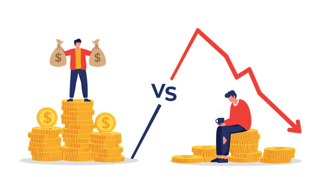 Financial comparison showing a wealthy successful man standing on coin stacks versus a struggling man sitting with a downward red arrow.