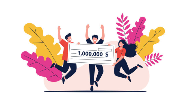 Three happy friends jumping high with excitement while holding a giant prize winning check for one million dollars in a colorful scene.