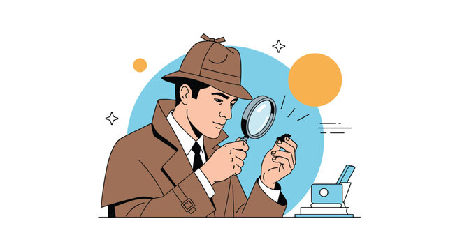 Classic detective character wearing a trench coat and hat carefully inspecting a small clue with a large magnifying glass.