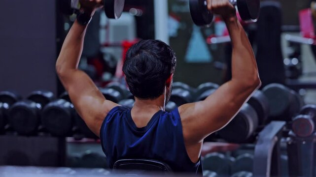 Man in gym doing dumbbell back and arm training for muscle strength workout fitness routine with shoulder exercise, focused posture, weight rack, mirror, athletic body