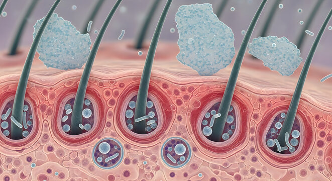 Close-up 3d render of human hair follicles and skin cells, detailed medical illustration of hair growth and scalp anatomy