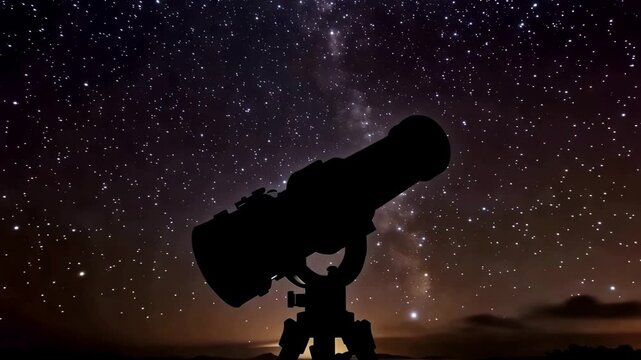 Silhouette of Telescope Pointing Toward a Brilliant Galaxy Filled With Stars and Nebulae, Inspiring Astronomy Scene Featuring Deep Space Exploration, Cosmic Discovery and Wonder of the Universe