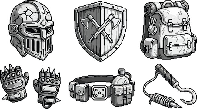 Post-apocalyptic gear and armor set, including helmets, shield, backpack, gauntlets, wristband, and nunchucks