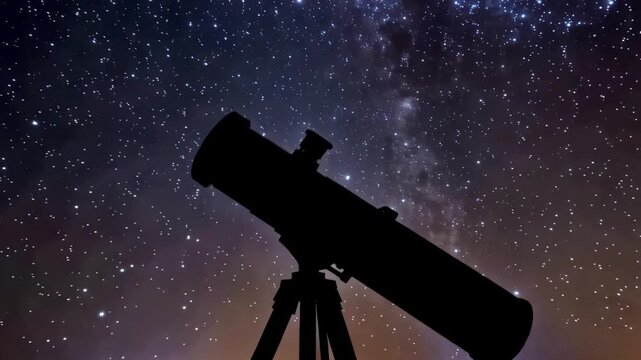 Silhouette of Telescope Pointing Toward a Brilliant Galaxy Filled With Stars and Nebulae, Inspiring Astronomy Scene Featuring Deep Space Exploration, Cosmic Discovery and Wonder of the Universe