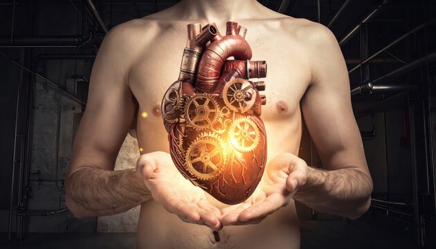 An intricately detailed clockwork mechanical heart held carefully in human hands, symbolizing life and intricate design.