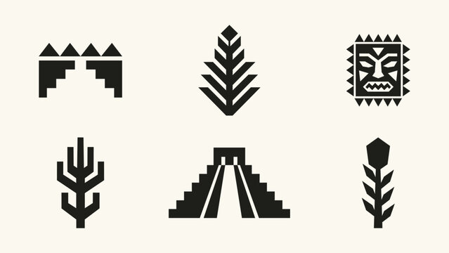 Collection of black geometric tribal symbols including pyramid mask and stylized plants on beige background
