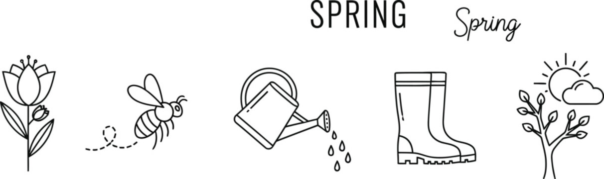 Spring including flower, bee, watering can, rain boot, and sprouting plant with sun and cloud black and white