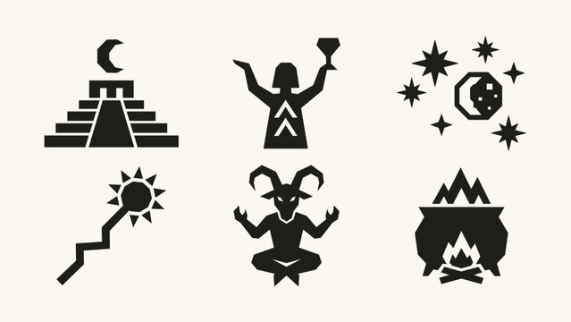 Set of black esoteric symbols including horned deity pyramid shaman and ritual cauldron icons