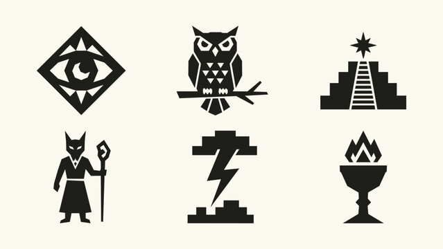 Black minimalist mystical icon set featuring owl eye pyramid shaman lightning bolt on light background