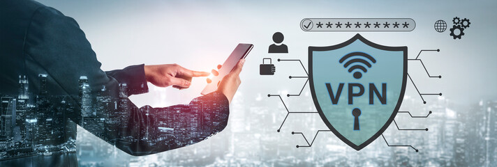 Fototapeta premium Digital Security Concept with VPN Shield and Mobile Device in Urban Landscape for Internet Privacy Protection and Cybersecurity Awareness Haptic.