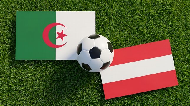Algeria vs Austria, Football Match Concept with Soccer Ball and National Flags on Green Grass Pitch, Group J, 23 June 2026