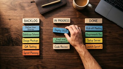 Naklejka premium Kanban board agile project management concept with hand moving deploy block under in progress column for software development lifecycle
