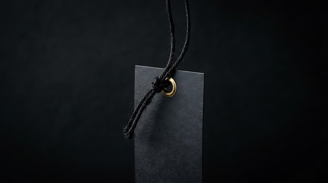 Black tag with string and gold ring on dark background for labeling and, and, black friday sale, black friday deals, black friday 2026, black friday poster, black friday sale 2026