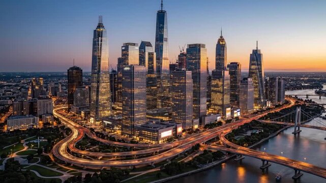 Modern city skyline at dusk with glowing skyscrapers and illuminated highways creating a vibrant urban landscape
