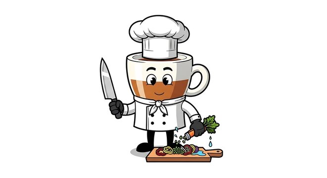 Cartoon robot chef cooking in kitchen.