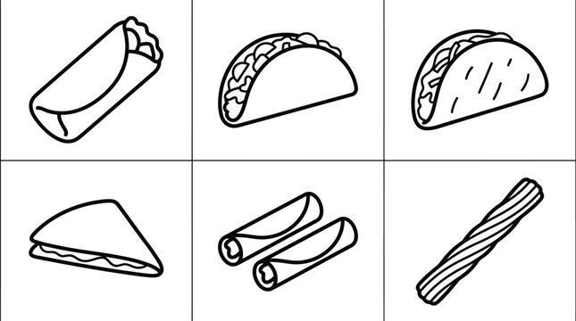 Collection of minimalist Mexican food and snack outline icons featuring burritos tacos quesadillas and candy perfect for restaurant menus app design or culinary concepts