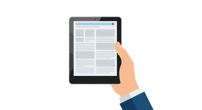 Person holding a mobile digital tablet displaying a clean news article layout or website blog on a white background.