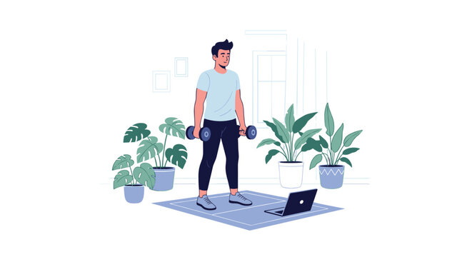 Young man doing a home workout with two dumbbells while following an exercise tutorial on his laptop in a room with many green potted plants.