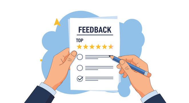 Top down view of hands using a pen to fill out a customer feedback form with a top five star rating and checkboxes for professional evaluation.