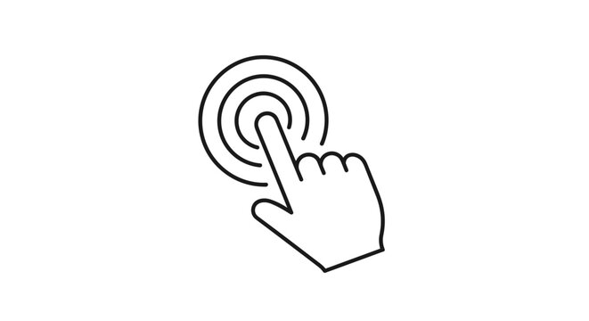 Simple black and white line art of a hand cursor icon with a finger pressing down on a circular button with ripple effects for user interface.