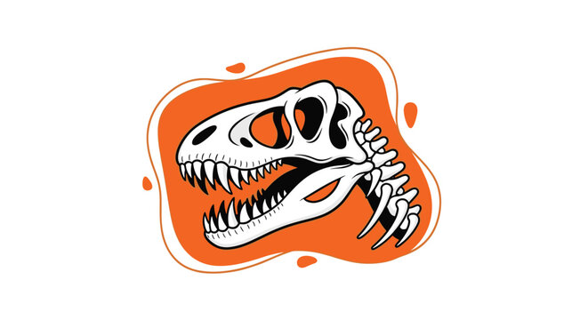 Detailed illustration of a Tyrannosaurus Rex skull fossil on a bright orange background for paleontology and science education.
