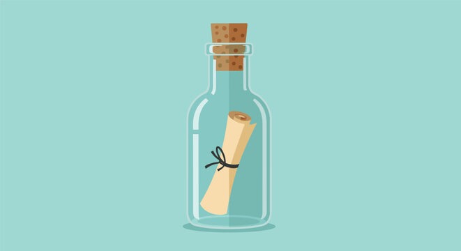 Glass bottle with a cork stopper contains a rolled parchment scroll representing a message in a bottle floating on the sea.