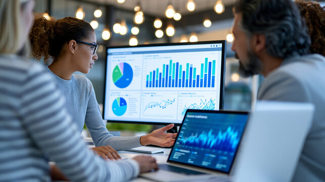 Anonymous business team reviewing a real-time competitive intelligence dashboard with market share and trend data, strategic planning concept, faceless, defocused modern office,