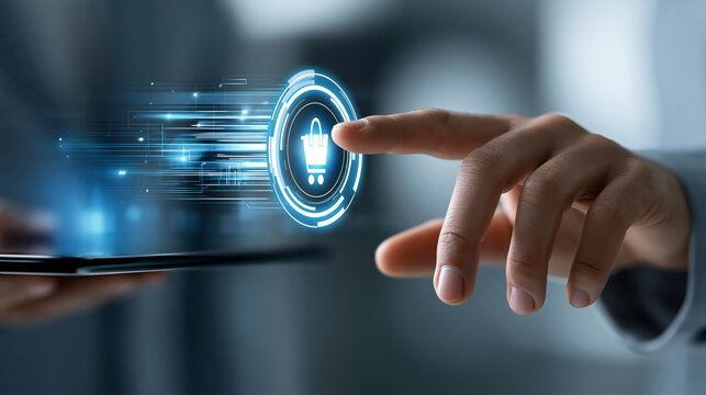 Digital visualization of an AI recommendation engine analyzing customer purchase patterns and suggesting personalized marketing actions, CRM intelligence concept, defocused