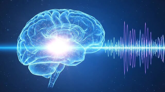 A glowing digital human brain model emits bright light waves in deep space
