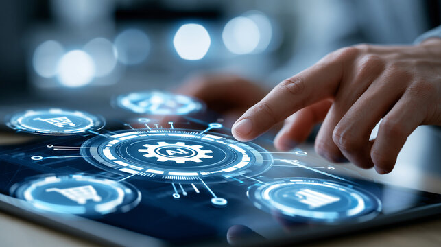 Digital visualization of an AI recommendation engine analyzing customer purchase patterns and suggesting personalized marketing actions, CRM intelligence concept, defocused