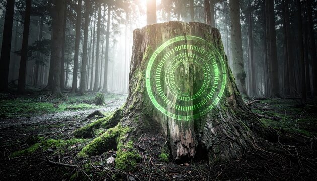 An ancient tree stump in a misty forest displays glowing digital binary code rings on its surface, representing the fusion of nature and technology.