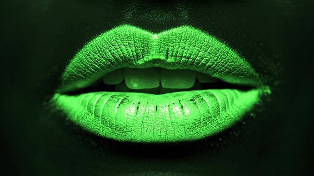 Fluorescent green lips with digital grid texture on dark background close up shot