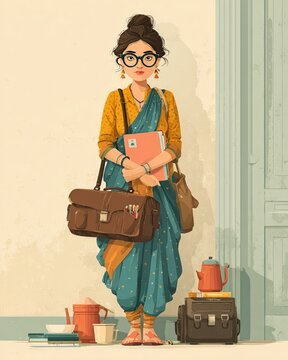 Vector illustration of Indian teacher in traditional attire with school tools, flat cartoon backdrop