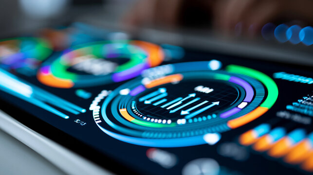 Glowing digital performance scorecard with color-coded KPI indicators and trend arrows on a dark dashboard interface, strategic management concept, defocused background, with copy
