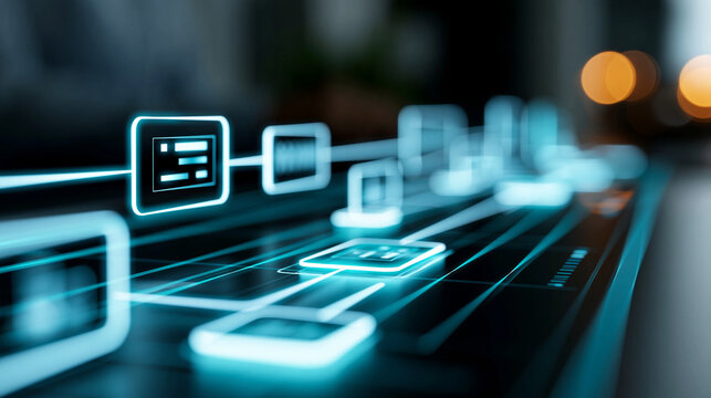 Glowing digital customer journey map overlaid on a dark interface with CRM automation icons, marketing strategy and client experience concept, defocused background, with copy space