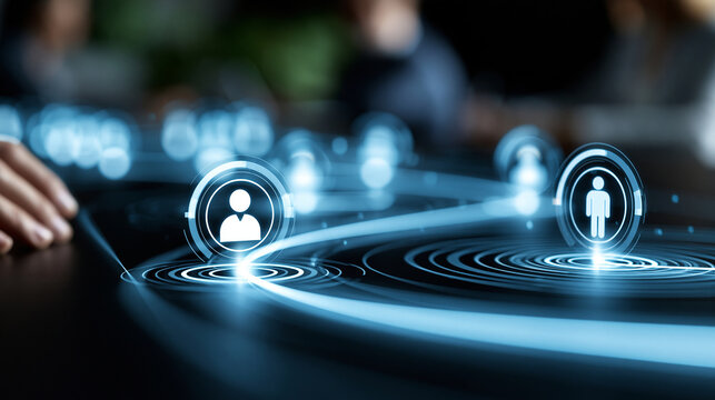 Glowing digital customer journey map overlaid on a dark interface with CRM automation icons, marketing strategy and client experience concept, defocused background, with copy space