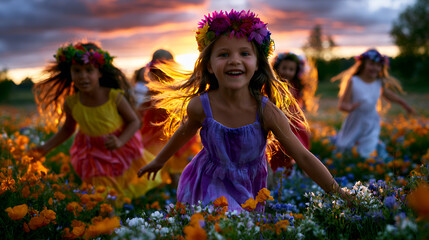 Fototapeta premium Children play and run together in a flower field during sunset. Bright flowers surround them as they enjoy their time outside with laughter and joy.
