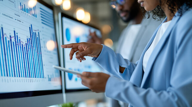 Anonymous analysts working with business analytics dashboards to analyze performance and generate operational reports, strategic decision concept, faceless, defocused, with copy