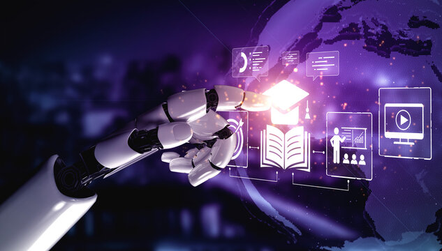Futuristic Robot Hand Interacting with Digital Educational Elements Over a Global Geometric Map in a Tech-Inspired Environment. Bitwise.